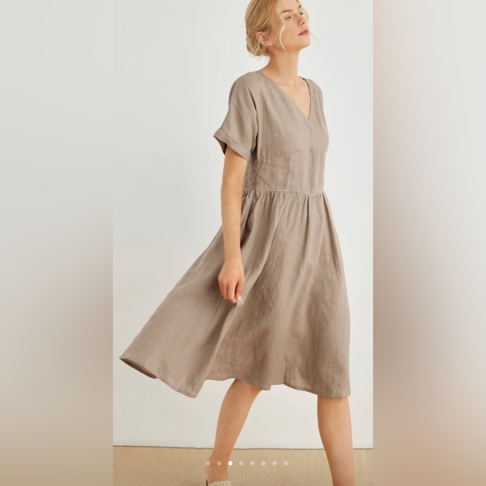 Grae Cove Luna 100% Linen V-Neck Summer Swing Dress | Midi Dress | size Large